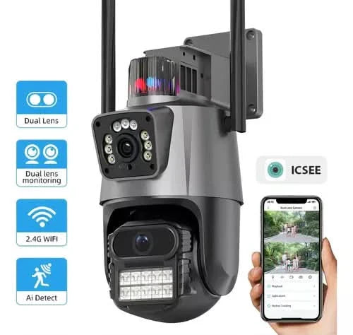 Camara exterior doble lente con alarma y sensor de movimiento