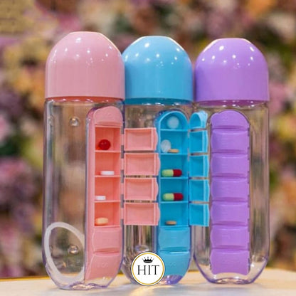 Termo Pastillero Botilo Agua Organizador De Pastillas 2 En 1